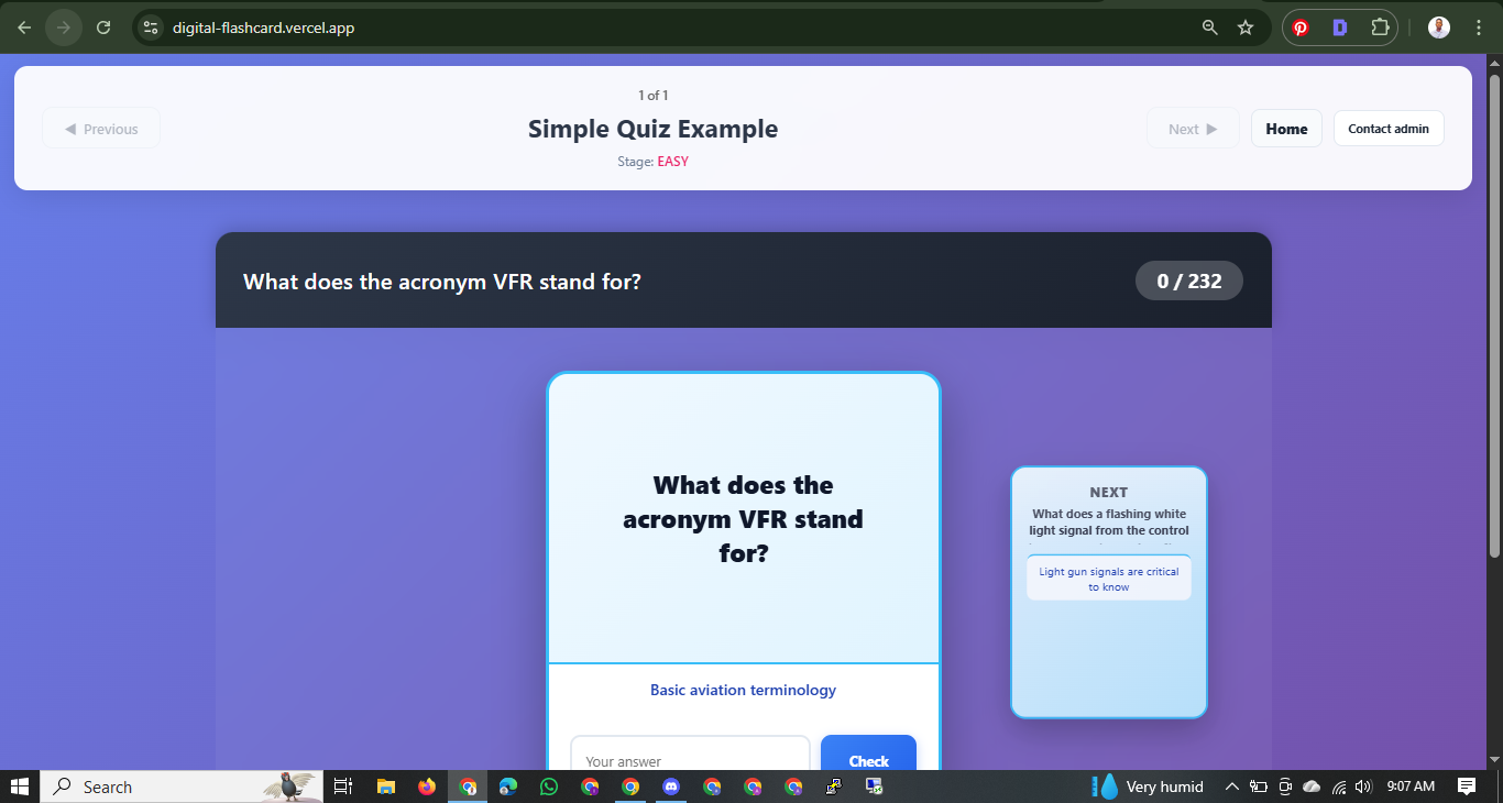 Digital flashcard quiz platform built with Next.js and Supabase featuring QR code access and admin dashboard